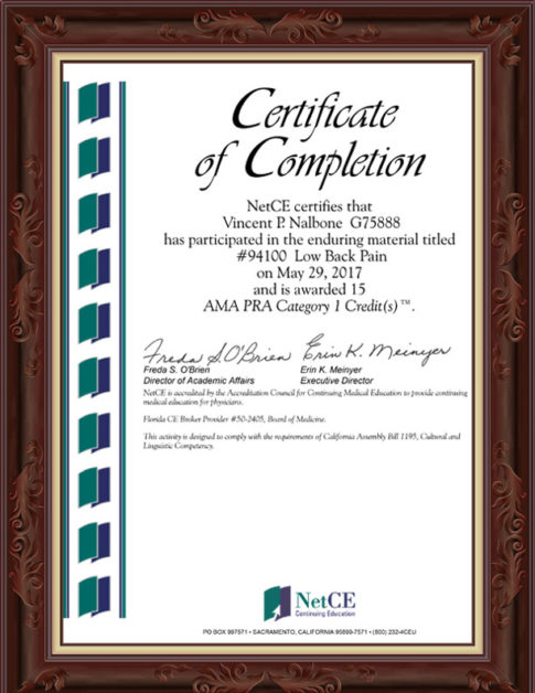 CME Certificate, Low Back Pain, 2017, 5-29