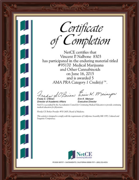 CME Certificate, Medical Marijuana, 2015, 6-16