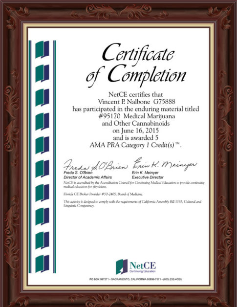 CME Certificate, Medical Marijuana, 2015, 6-16