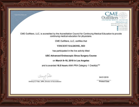 USC Sinus Course, CME Certificate, 2019, 3-9