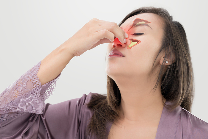 The Photo Of Sinus On Woman's Body Against Gray Background, Allergy And Flu, Concept with Healthcare And Medicine