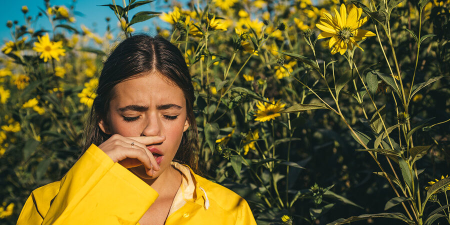 The Girl Suffers From Pollen Allergies stuffy nose sinus problem